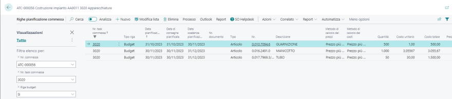 Example of planning lines per task order