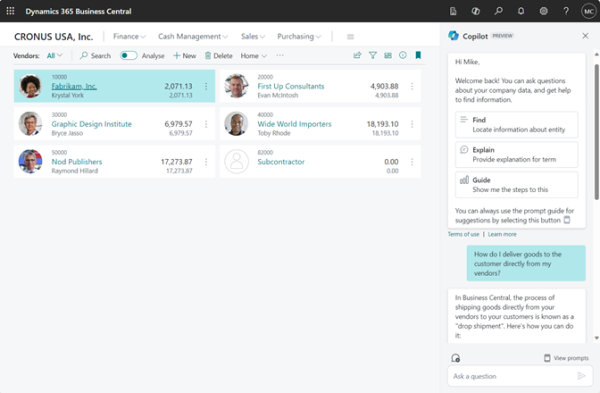 Copilot allows you to talk with Microsoft Dynamics 365 BC