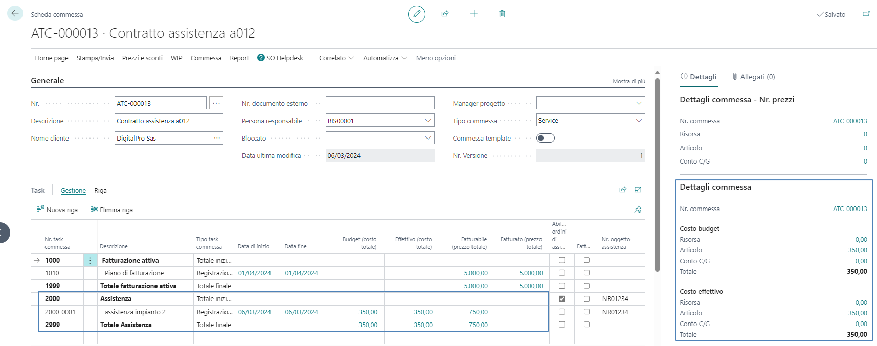 Order with cost and revenue amounts Order with cost and revenue amounts